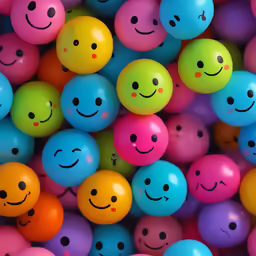 many different colored balls with smiling faces on them