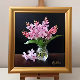 pink flowers in vase and green leaves placed in a square glass vase
