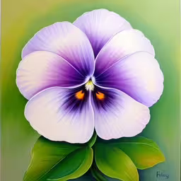 painting of a violet flower with leaves,a close up image of a purple flower on a green background