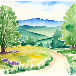 the watercolor of a rural scene with a path,a watercolor painting of a tree and a road,painting of path through green fields and mountains,an artistic scene featuring watercolor painting of a landscape,a painting that shows the landscape with trees and mountains