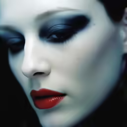 a close up of a woman with white and blue make up