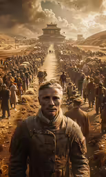 an older man is standing out in a crowd of men