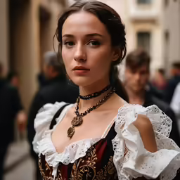 a woman in a period costume on a street