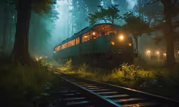 the night time train is glowing through a foggy forest,a train is traveling through the dark forest