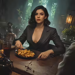 a woman with very small breast is sitting at a table in front of a plate of food