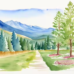 a drawing of a landscape with mountains and a path,a drawing of trees near a road with mountains in the background,watercolor of forest landscape with blue sky,a watercolor painting of mountains with trees in front,a painting of a forest on a mountain