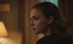 the young woman is looking into a mirror