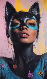 woman in black cat mask and butterfly make up with blue paint