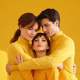 two women embracing each other in front of an orange background