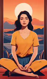 an image of a woman sitting in front of a painting,a painting of a woman in meditation on an orange background
