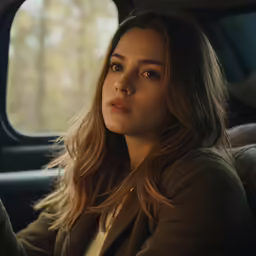 a woman driving a car looks out the window