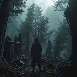a man walking alone in a dark forest