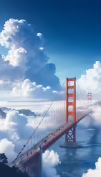 a painting of clouds and a bridge with bright lights