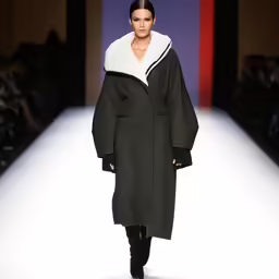 a woman walks down a runway wearing a long coat with a hoodie