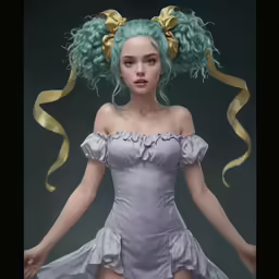 a woman with curly hair is dressed in grey and gold