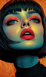 an art print of a model with blue eyes and bright make up