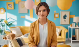 a woman standing in a yellow jacket near furniture