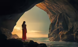 a woman in a long red dress is looking out to sea from the cave