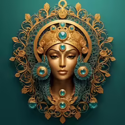 gold mask with turquoise jewels sitting in front of green wall