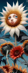 sunflower, eyes and face are separated in the shape of a flower
