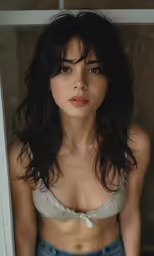 a very close up photo of a female model wearing a bra