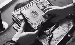 this person is putting money in his wallet,a person holding some cash on top of a table