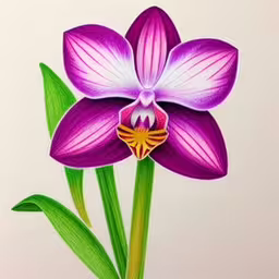 a painting of purple and white flower with green leaves,a purple orchid is sitting on a white surface