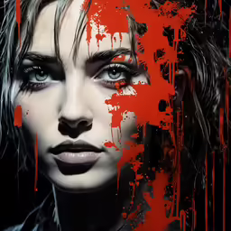 a woman with red paint on her face and the image of an angel with a knife