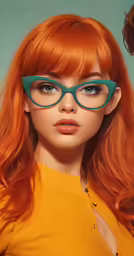 a woman in green glasses is wearing orange hair and a yellow shirt