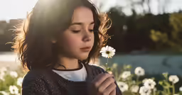 a young woman with her eyes closed, holding a daisy