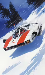 a race car flying over the snow covered slope