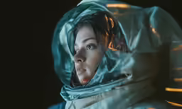 woman with wrapped hood staring into the distance