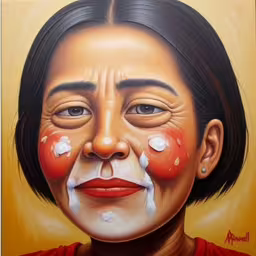 an image of a woman with face painted,a painting of a woman has bleeding tears on her face,a painting of a girl with red noses and tears in his eye,a person with some blood on her cheek and face,a painting of a woman has the face of a clown on its forehead