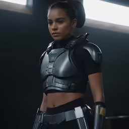 a woman with a black uniform and helmet