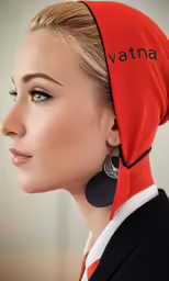 a woman wearing earrings, a headscarf and a suit