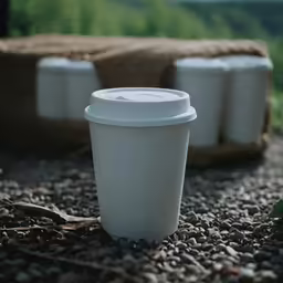 three cups are sitting on a gravel ground