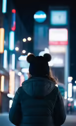 a woman walking on a street at night with ear shaped hats on