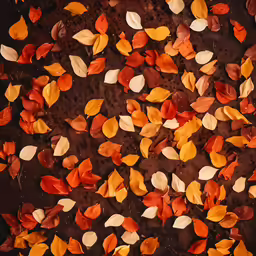 a group of various colored autumn leaves with a chocolate frosting surface