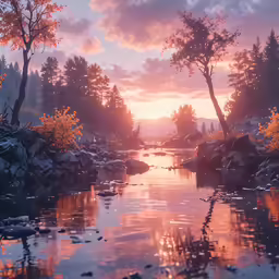 the sun rises over the water as clouds and trees reflect off the surface