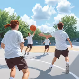 some guys are playing basketball with others on a court