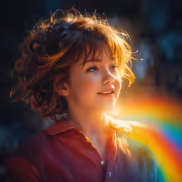 the woman looks up while the sun shines brightly