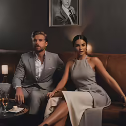 a man and a woman sitting on top of a brown couch