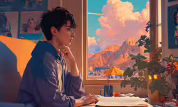 a man sitting at a table with papers and pen,a boy with a cup on his hands, sitting by a window looking at mountains in the background