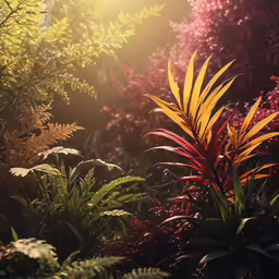 a colorful jungle with various bushes and trees in the background