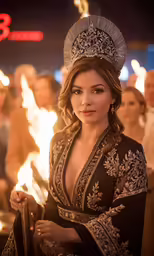 a woman with a tiara and fire behind her