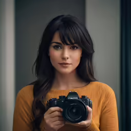 a woman is holding a camera in front of her