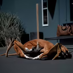the dog is lying down on the asphalt
