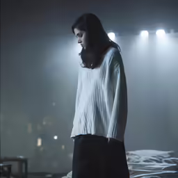 a person with dark hair wearing white sweater in a dark room