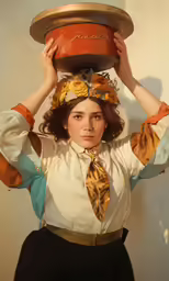 woman with brown hair and tie holding a pot on her head