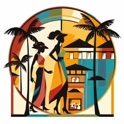 a poster of two women in the sun near a palm tree